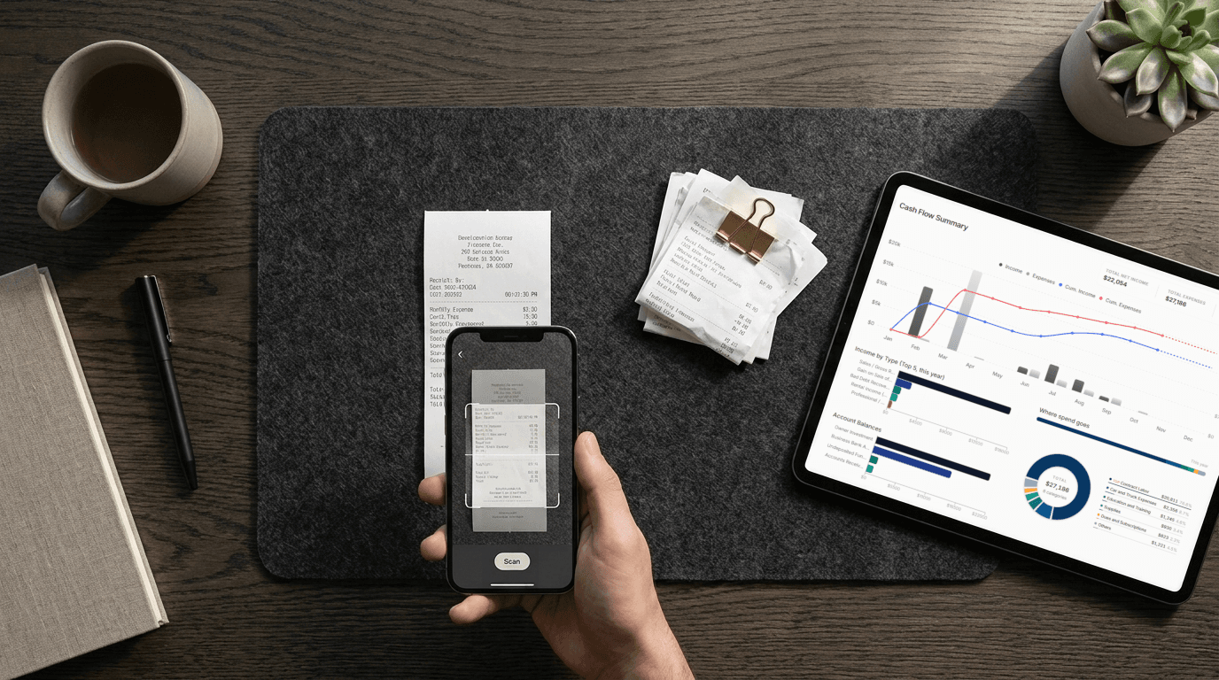 Scanning a receipt on a phone beside a cash-flow dashboard