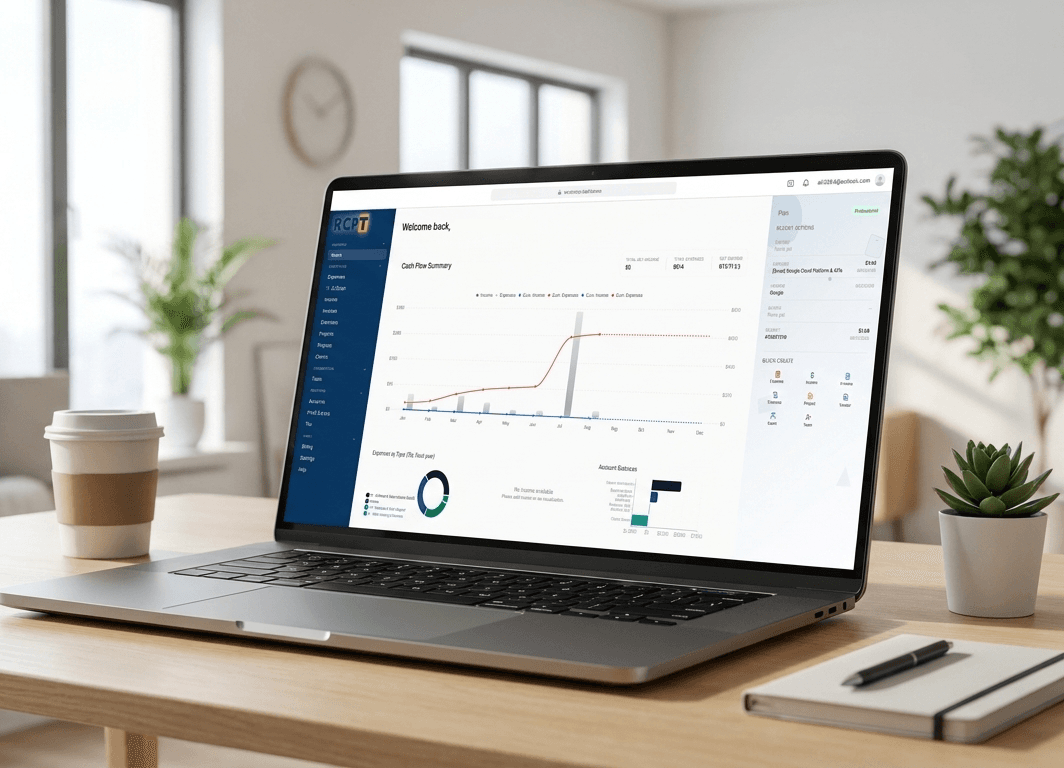RCPT dashboard on a laptop — cash flow, expenses, and quick create in a calm workspace